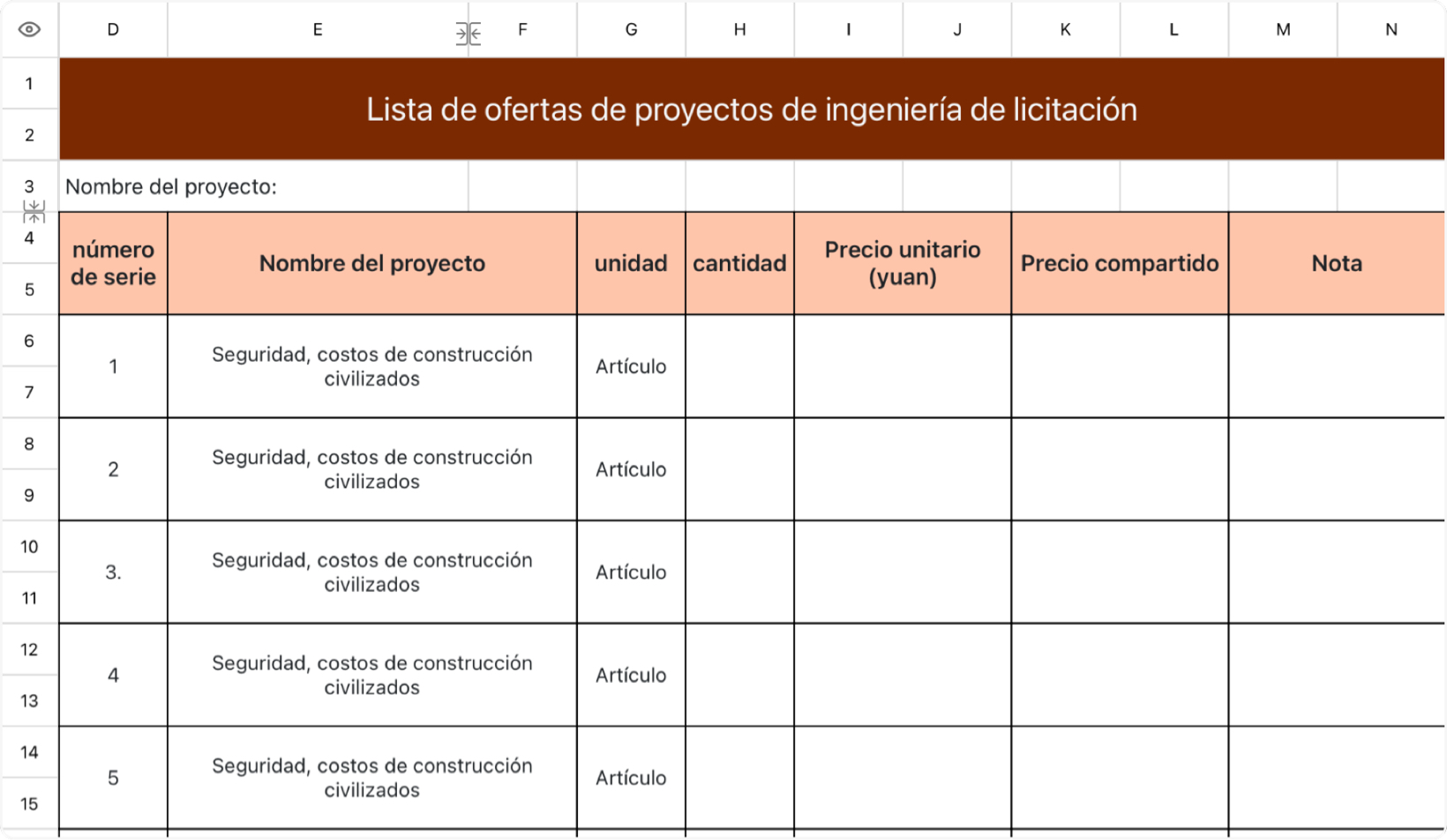 Lista de ofertas de obras de licitación